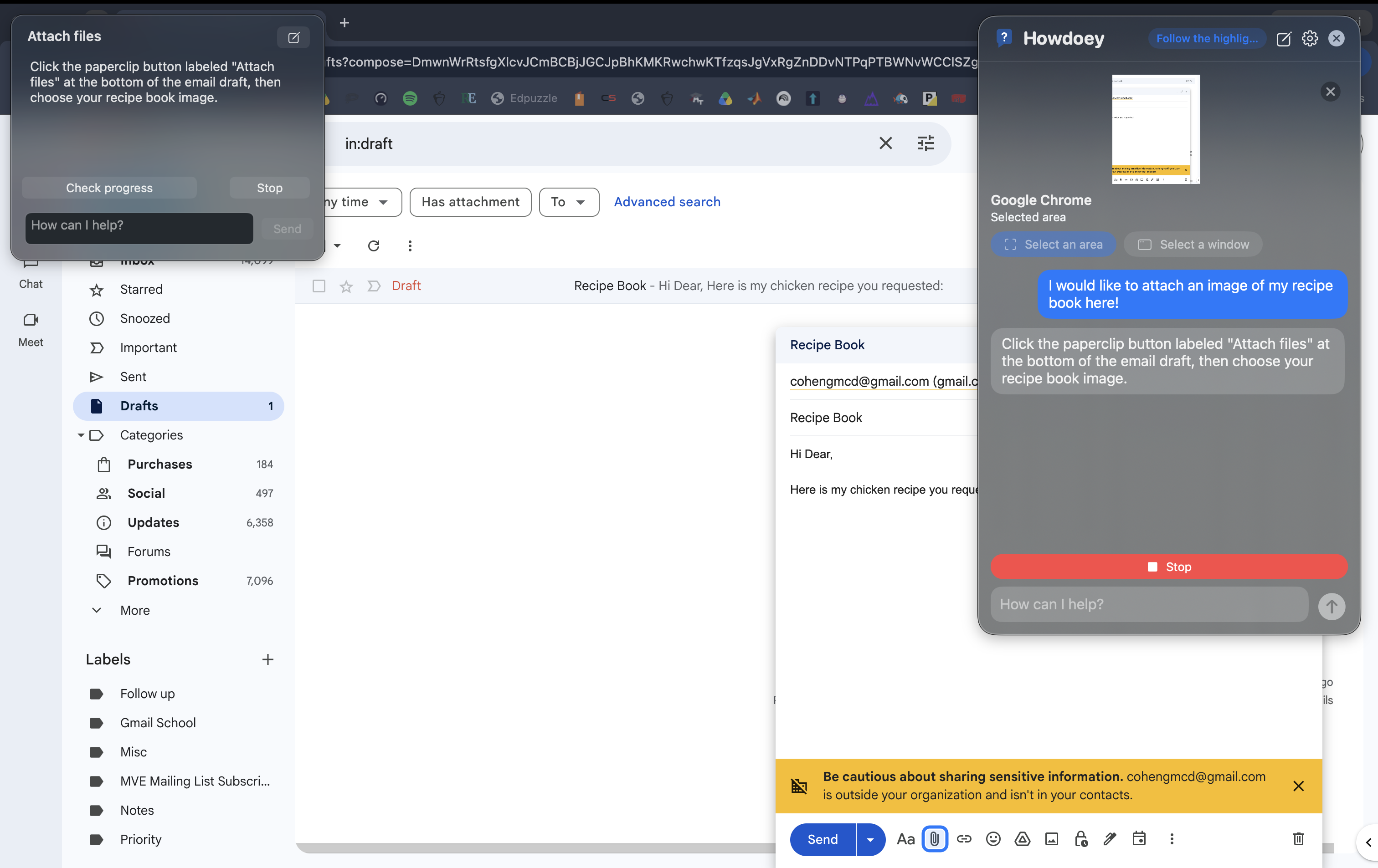 A user asks Howdoey how to attach a recipe book image to an email; Howdoey highlights the paperclip.
