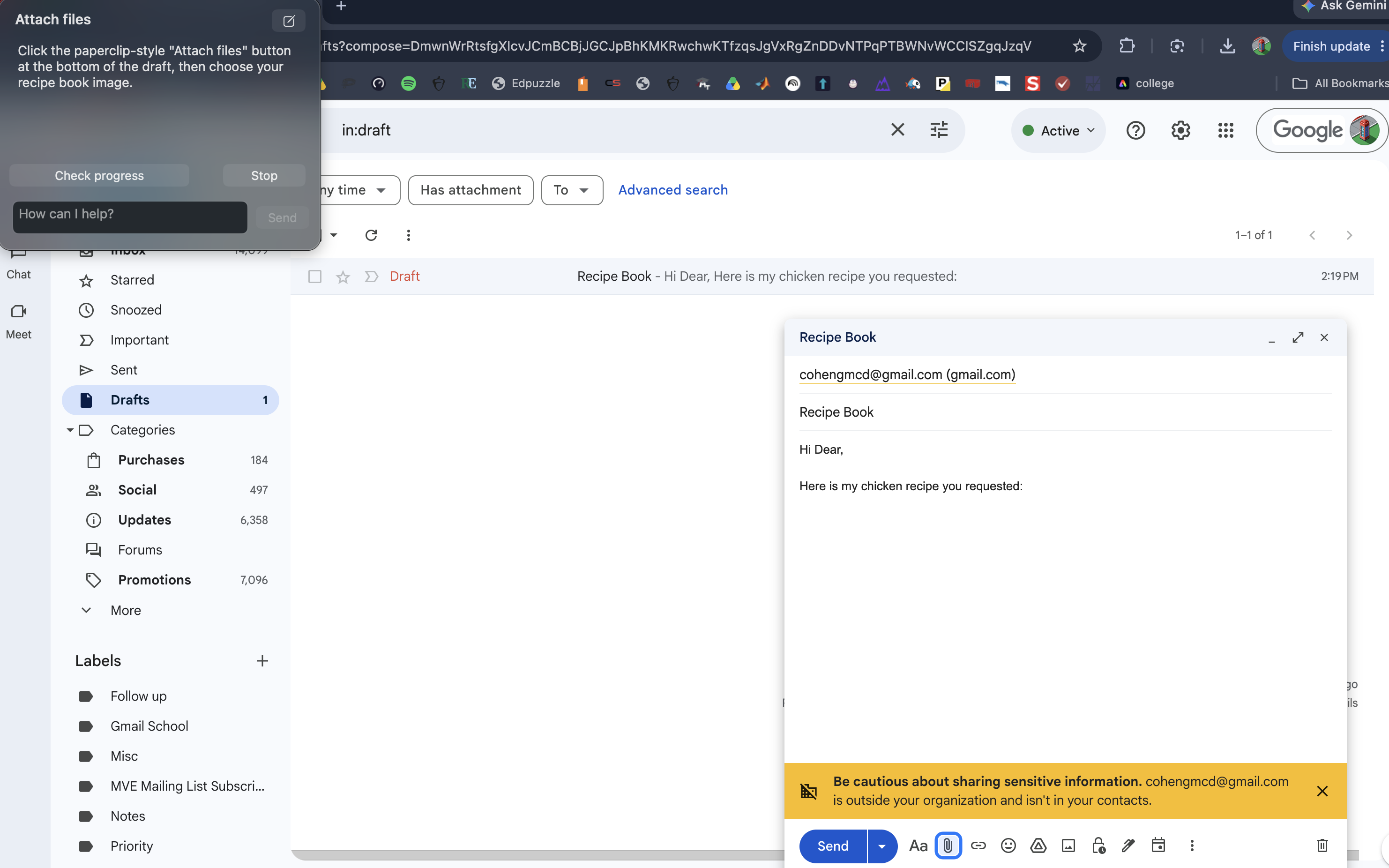 Howdoey highlights Gmail’s Attach files paperclip and gives the next instruction.