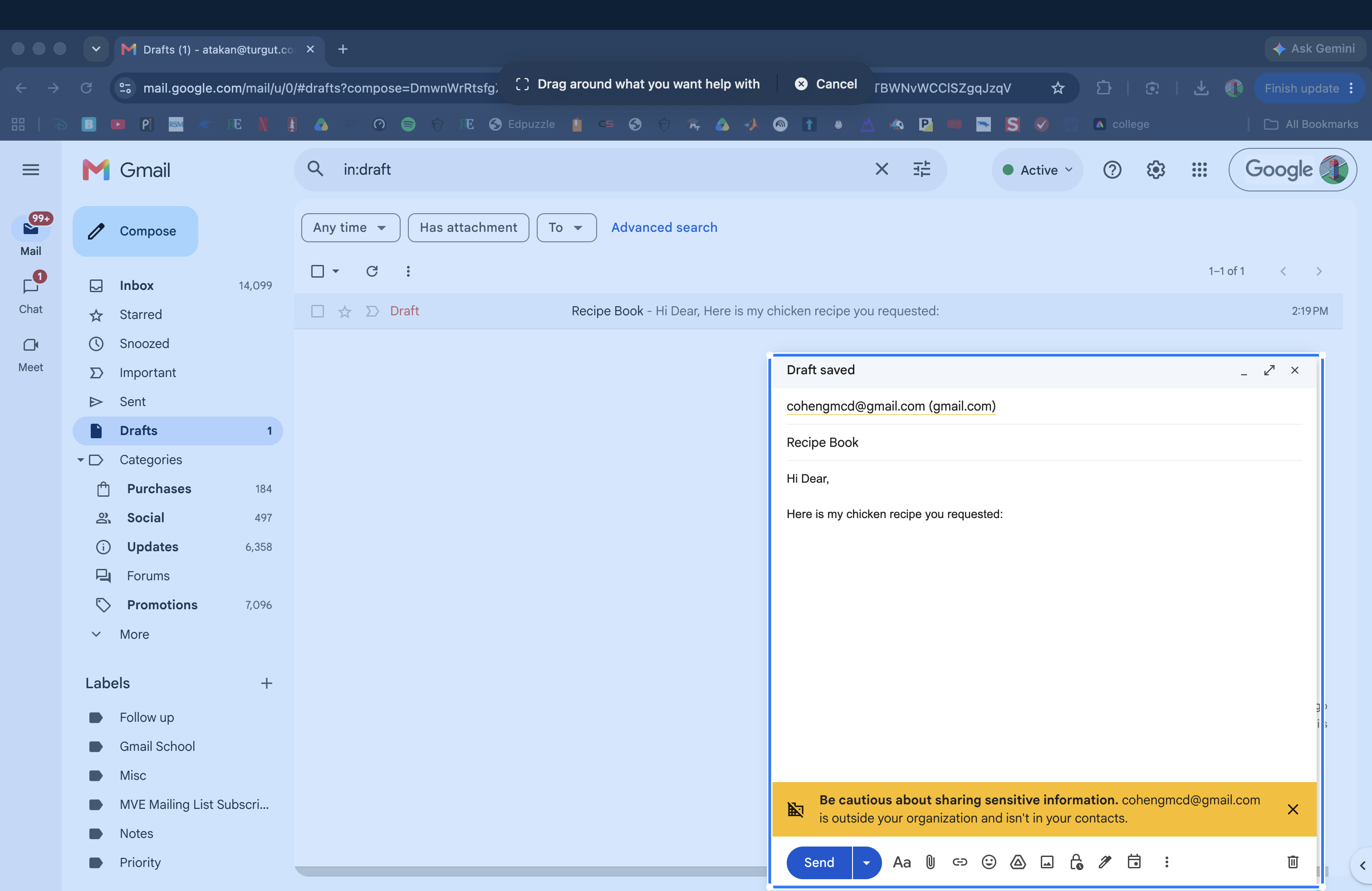 Howdoey selection mode tints the screen blue and outlines an open Gmail draft.
